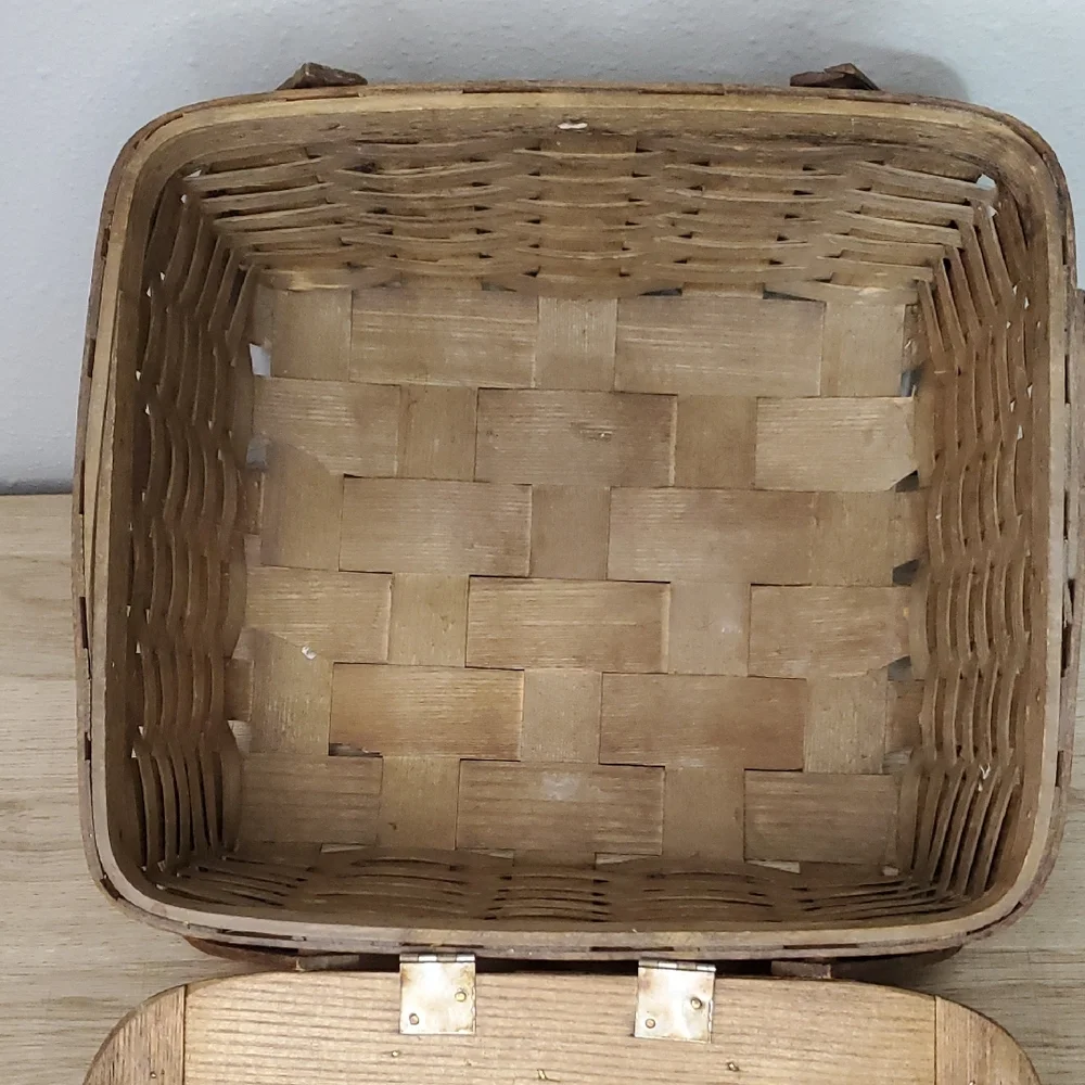 Peterboro Woven Top Wooden Picnic Basket with Handles Vintage Home Decor Antique